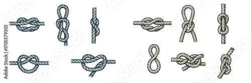 Various rope knots for nautical and climbing uses, hand-drawn style