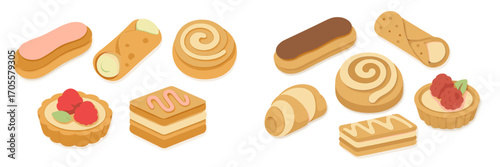 Sweet pastries and desserts assortment in paper cut art style
