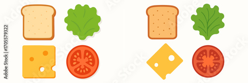 Sandwich ingredients flat icons: bread, lettuce, cheese, tomato slices