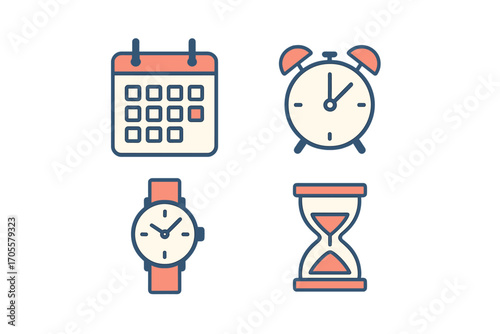 Timekeeping symbols: calendar, clock, watch, and hourglass icons