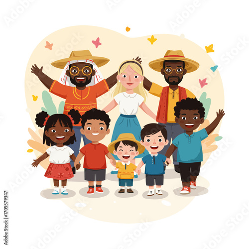 Happy Multicultural Family and Children Together Illustration