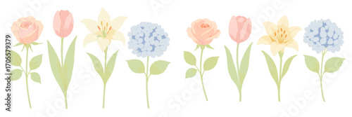 Soft watercolor floral arrangement with roses, tulips, lilies, and hydrangeas