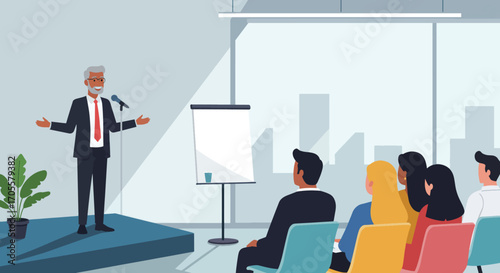 Senior Businessman Giving a Presentation with Open Arms and Microphone