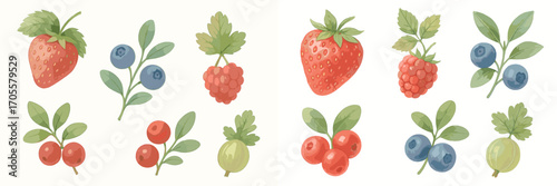 Collection of watercolor forest berries including strawberries, blueberries, raspberries, gooseberries, and cranberries