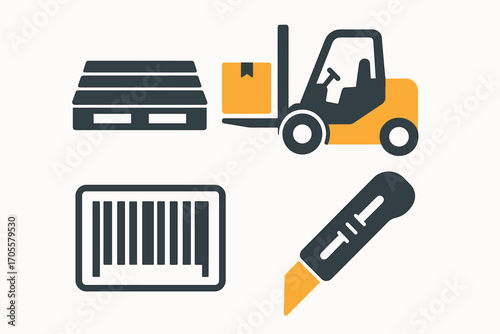 Forklift, pallet, barcode, and utility knife icons for logistics and delivery services