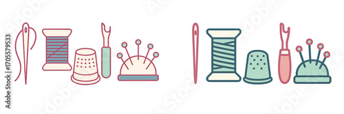 Sewing tools and supplies: needles, thread, thimbles, seam ripper, pin cushion