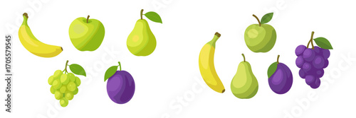Assortment of fresh fruits: banana, apple, pear, plum, grapes