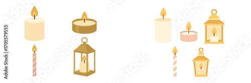 Collection of burning candles and lanterns with warm illumination