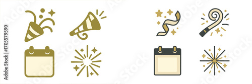 New Year Celebration Icons with Party Poppers, Confetti, and Calendar