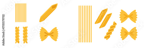 Collection of assorted pasta shapes including spaghetti, penne, fusilli, and farfalle on white background