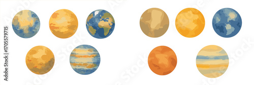 Watercolor planets and celestial bodies collection, cosmic and astronomical theme