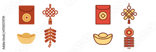 Traditional Chinese New Year symbols: red envelopes, gold ingots, lucky knots, firecrackers