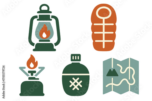 Camping gear icons: lantern, sleeping bag, stove, canteen, and map