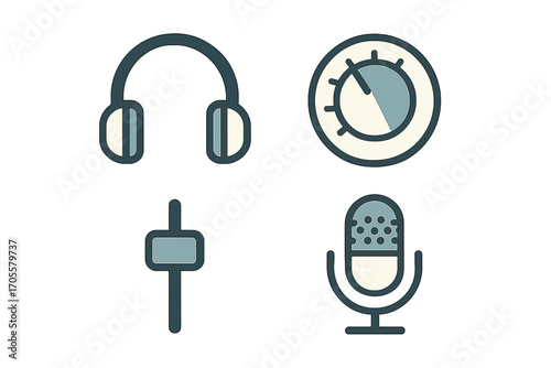 Audio equipment icons: headphones, microphone, slider, timer