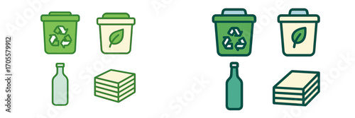 Recycling bins and waste items for eco-friendly disposal and sustainability concepts
