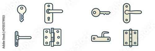 Collection of door handles, keys, and hinges in a simple outline style