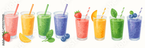 Assortment of colorful fruit and vegetable smoothies in glasses with straws and garnishes