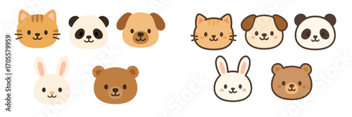 Collection of cute kawaii animal head icons featuring a cat, panda, dog, rabbit, and bear with two styles, flat color and outlined character design