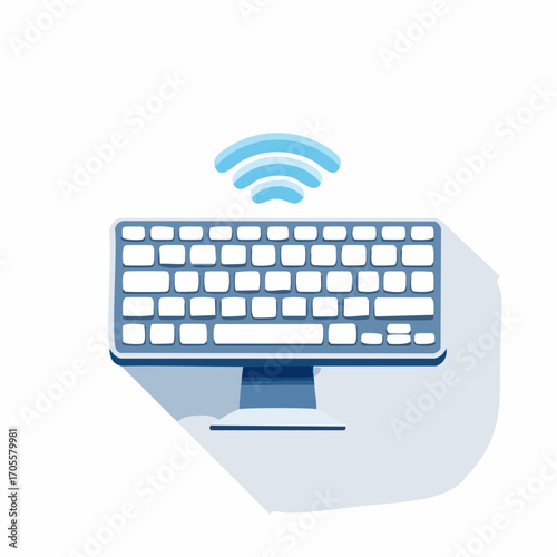 Illustrative vector rendering of a wireless computer keyboard with signal waves emitting above it