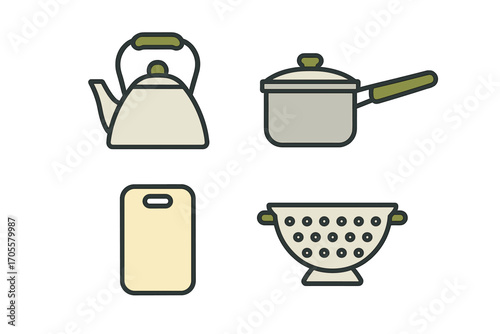 Set of kitchenware icons including a kettle, saucepan, cutting board, and colander for cooking and food preparation concepts