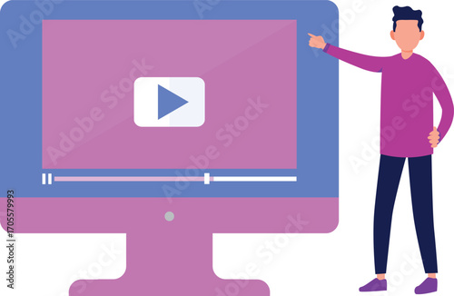 Young man pointing at screen