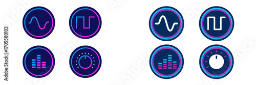 Modern audio waveform and sound control interface icons set featuring vibrant gradient colors for digital music and sound applications