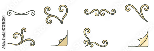 Set of elegant calligraphic swirls and ornamental dividers with gold and gray colors for vintage page decoration
