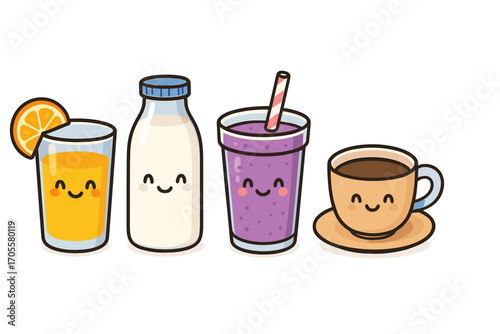 Cute kawaii cartoon drinks with happy faces, orange juice, milk, smoothie, and coffee