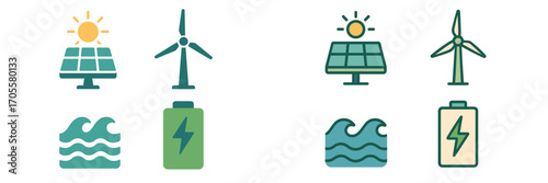 Renewable energy sources and sustainable power generation icons for clean electricity