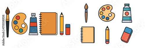 Art supplies icon set with paintbrush, palette, paint tube, sketchbook, pencil, and eraser for creative projects