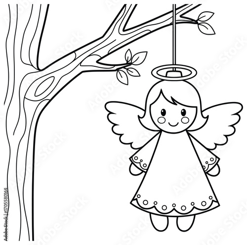 Angel vector illustration of a cute Christmas decoration hanging from a tree branch drawn in clean black line art style for festive holiday projects