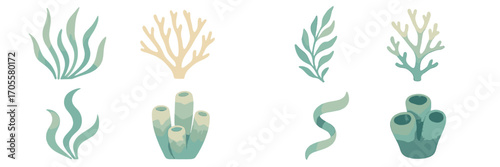 Beautiful watercolor sea plants and coral elements in soft blue and beige tones, illustrating a serene underwater marine environment, perfect for aquatic designs