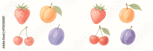 Watercolor fruits collection: strawberries, apricots, cherries, and plums