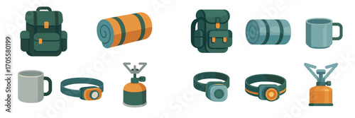 Essential camping and hiking gear collection for outdoor adventures, featuring a backpack, sleeping mat, mug, headlamp, and portable stove