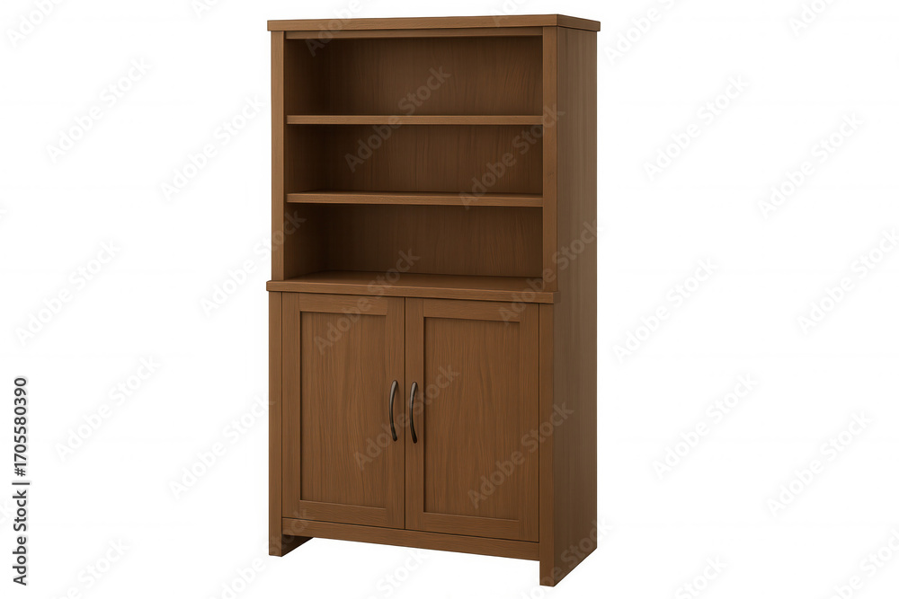 Wooden bookcase with empty shelves and closed double doors, offering storage solution for books or decorative elements against clean transparent background Wooden bookcase with empty shelves and closed double doors, offering storage solution for books or decorative elements against clean transparent background