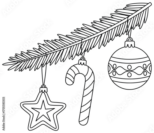Christmas ornament vector illustration of a pine branch with festive decorations including a star candy cane and ball drawn in clean black line art style for holiday designs