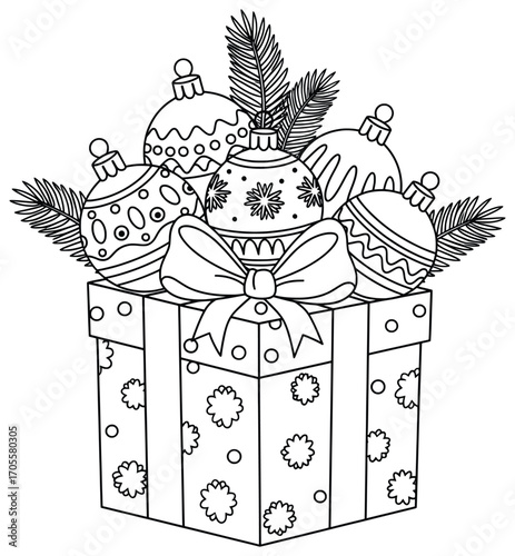 Christmas gift vector illustration of a festive box decorated with ribbon bow and filled with holiday ornaments and pine branches drawn in clean black line art style