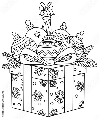 Christmas gift vector illustration of a festive box with ribbon bow filled with decorated ornaments pine branches and a holiday bottle drawn in clean black line art style