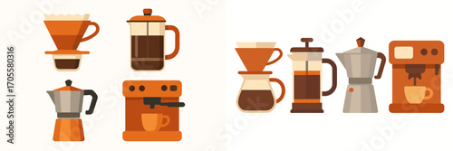 Collection of popular coffee brewing equipment designs including pour over, French press, moka pot, and espresso machine