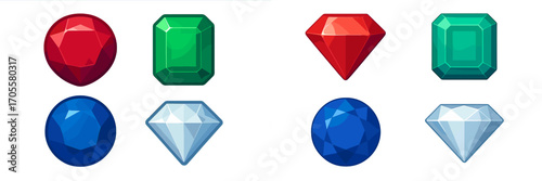 Set of brightly colored faceted gemstones and sparkling precious jewels in various cuts and shapes on a clean white background