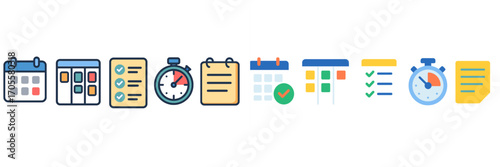 Calendar and checklist icons with stopwatch for planning and time management