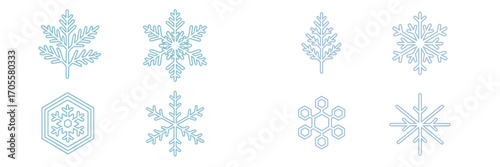 Blue outline snowflake patterns and geometric ice crystal designs for winter holiday themes and seasonal decorations
