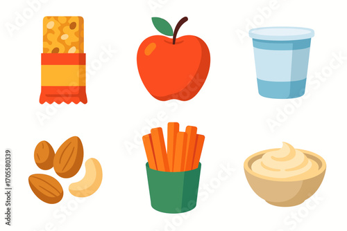 Variety of healthy snack food items including fruits, vegetables, nuts, and dairy products for a balanced diet