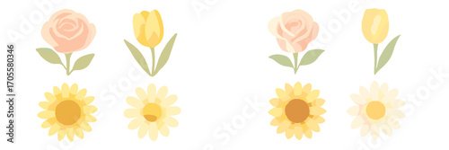 Beautiful collection of delicate watercolor style floral elements featuring roses, tulips, and daisies in soft pastel colors perfect for spring designs