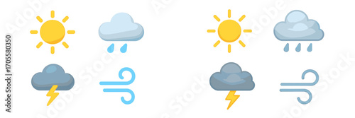 Stylized weather forecast icons depicting various atmospheric conditions like sun, rain, storm, and wind for digital applications