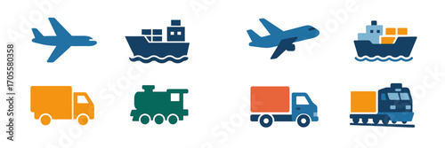 Set of transportation icons including airplanes, cargo ships, trucks, and trains