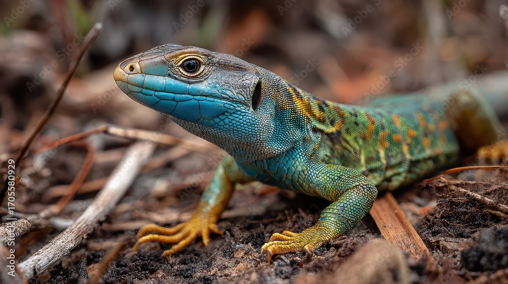 Fototapeta premium Detailed CloseUp of a Majestic Male Ocellated Lizard Basking in its Natural Habitat Perfect for HighQuality Content Creation and Wildlife Projects, Inspiring a Sense of Connection to Nature.