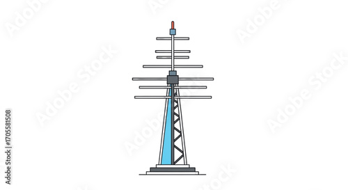 Tall radio antenna tower with multiple horizontal elements.