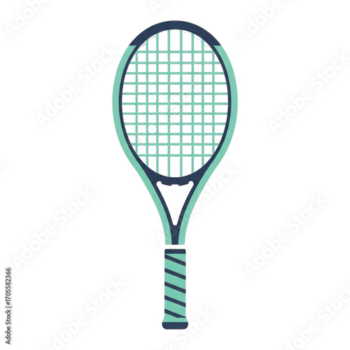 Tennis racket with blue and green strings and grip.