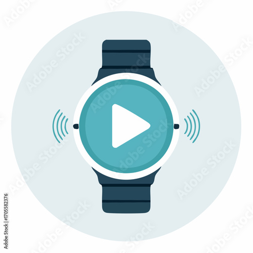 Modern smartwatch featuring a play button interface and wireless communication signals